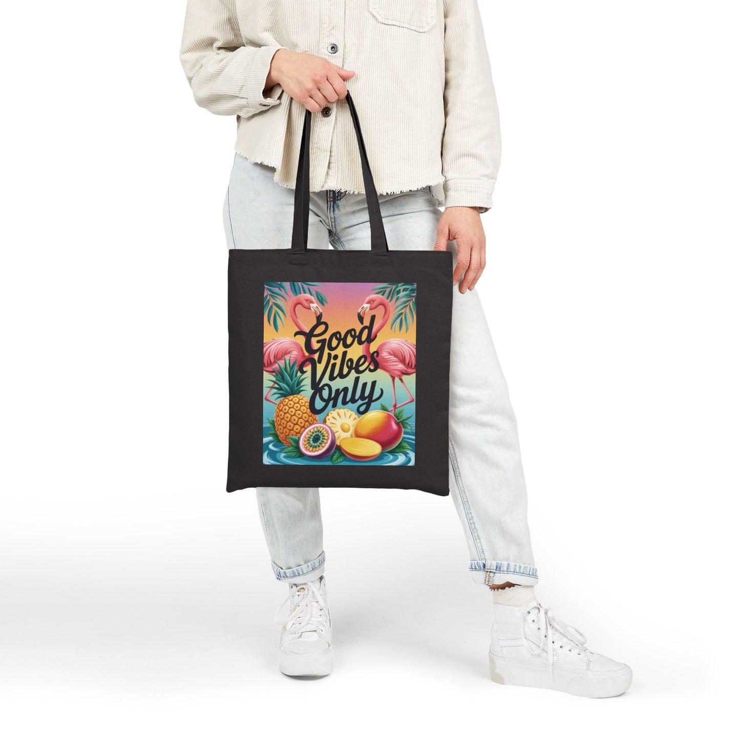 Tote Bag with Tropical Design, Good Vibes Only, Beach Tote, Eco-Friendly Bag, Summer Gift, Grocery Tote, Fun Shopping Bag, Flamingo Pattern