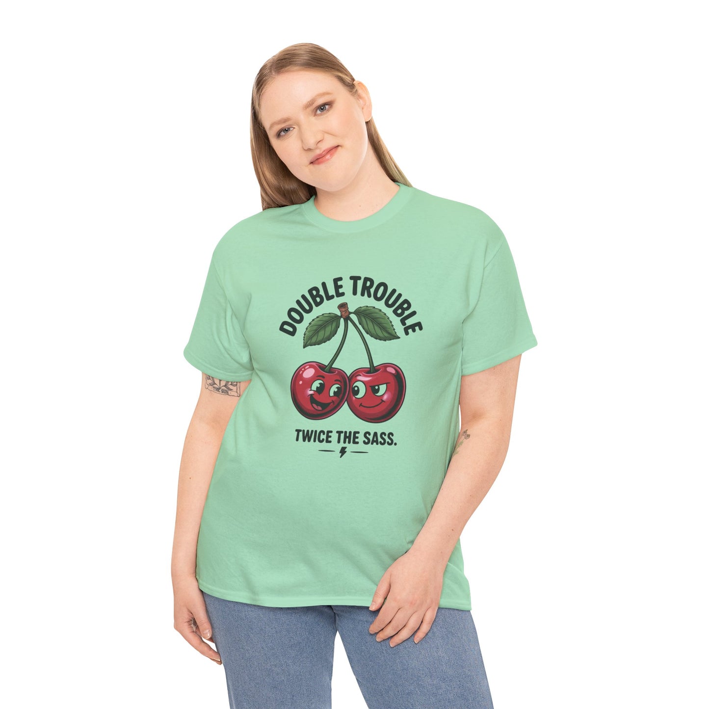 Double Trouble Cherry Graphic Tee, Funny Cute Womens T-Shirt, Twice the Sass Quote Shirt, Sassy Cherry Cartoon Gift