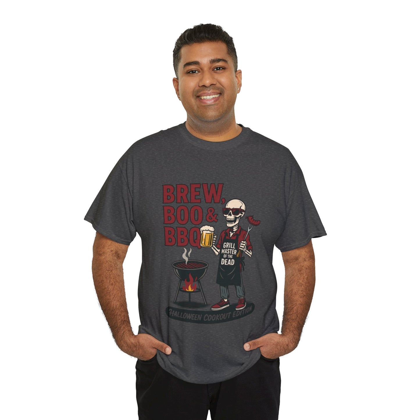 Halloween BBQ Men's T-Shirt, Brew Boo & BBQ Skeleton Grill Master Tee, Funny Dad Gift, Grill Master Tee, Grill Dad Halloween