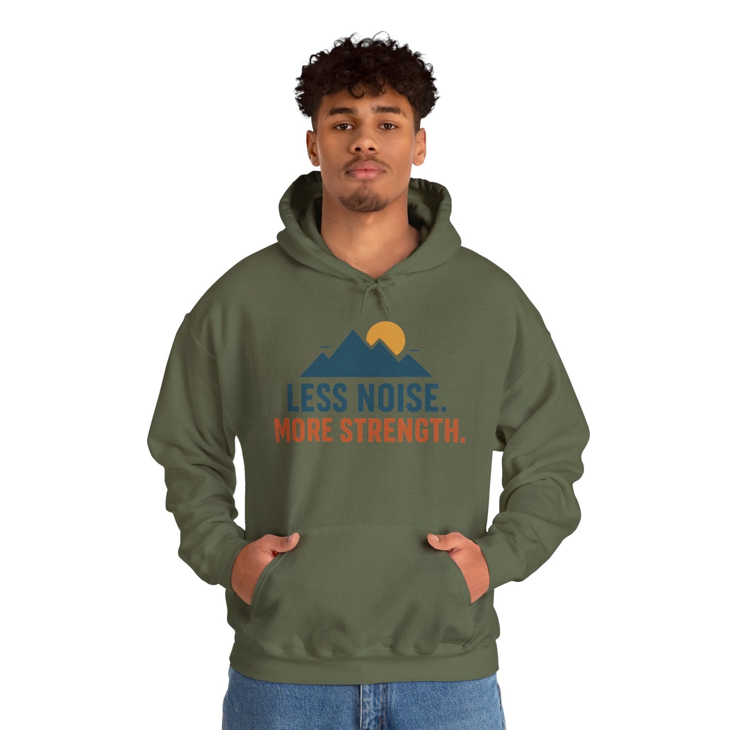 Men’s Less Noise More Strength Hoodie, Motivational Mountain Graphic Pullover, Mens Heavy Blend™ Hooded Sweatshirt