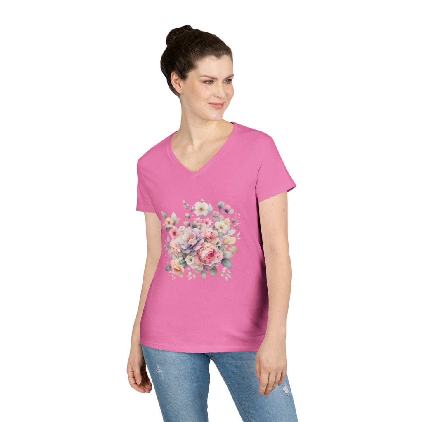 Pastel Floral Bouquet Ladies' V-Neck T-Shirt, Romantic Soft Vintage Flower Tee, Spring Fashion, Gift for Her, Everyday Wear