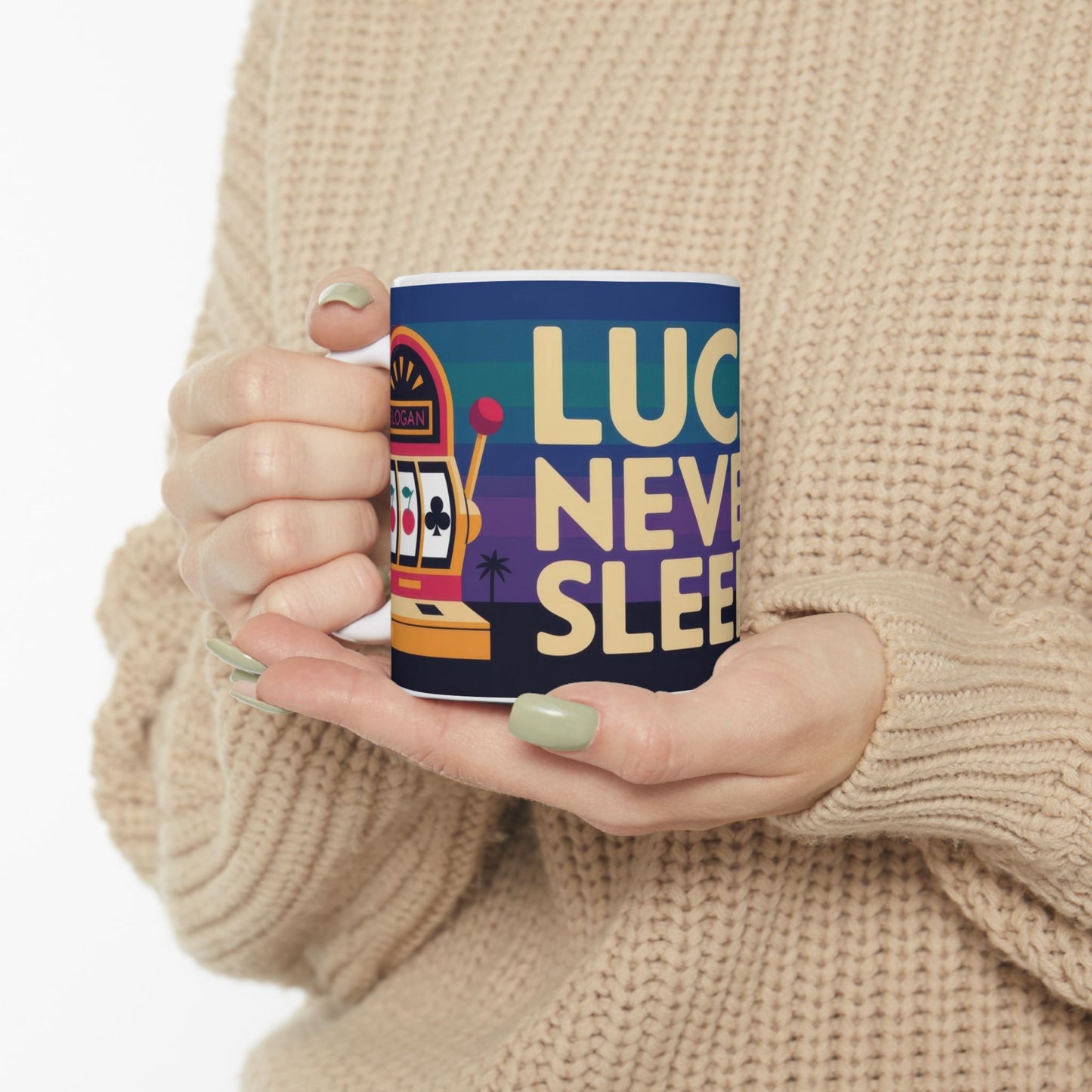 LUCK NEVER SLEEPS Mug, Retro Vegas Slot Machine Coffee Cup, Casino Gift, Gambling Lover Gift Idea, Perfect for Gamers, Poker Nights