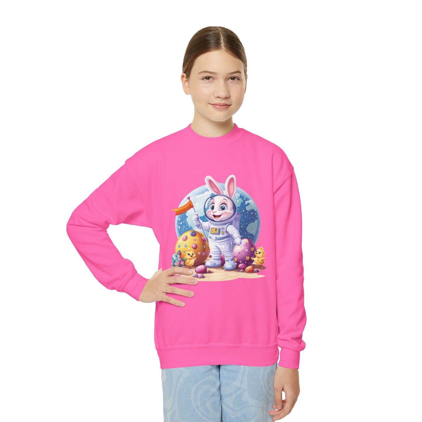 Astronaut Easter Bunny Youth Sweatshirt, Space Bunny Galaxy Crewneck for Kids, Cute Space Easter Gift for Boys & Girls, Fun Space Themed