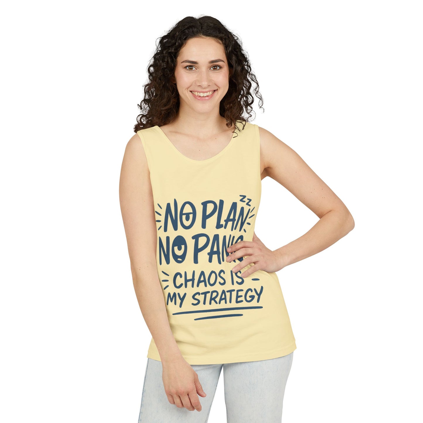 Funny Women's Tank, Chaos Strategy T-Shirt, No Plan No Panic Quote Shirt, Cute Tee for Women, Humorous Gift Idea, Casual Relaxed Fit Top