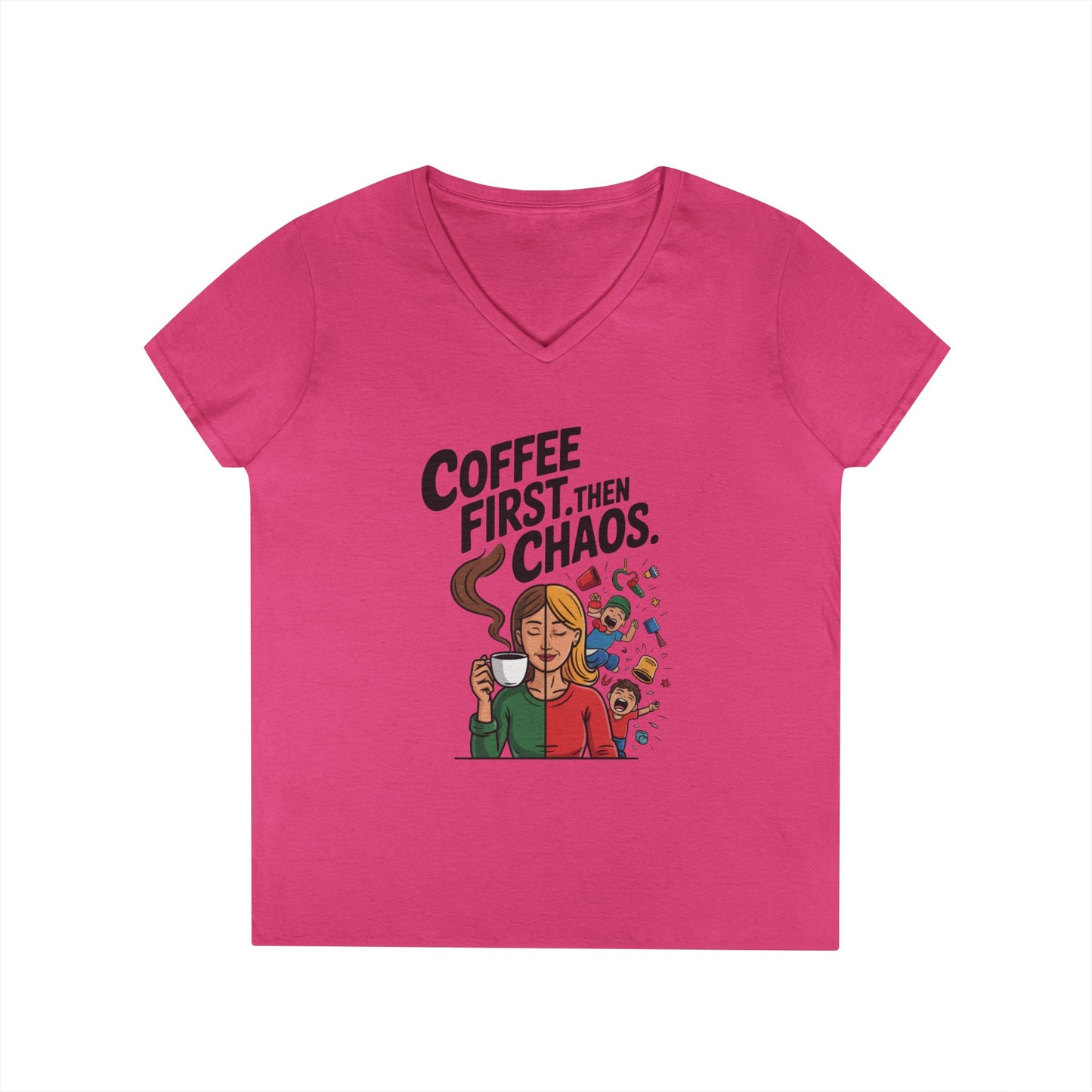 Coffee First Then Chaos V-Neck T-Shirt, Funny Mom Life Shirt, Mother's Day Gift, Mom Humor Tee, mom graphic tee, caffeine lover tee