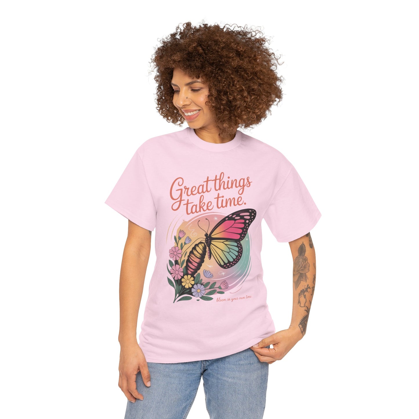 Butterfly Motivational Women's Heavy Cotton Tee, Great Things Take Time Shirt, Gift for Nature Lovers, Inspirational Apparel, Summer Outfit