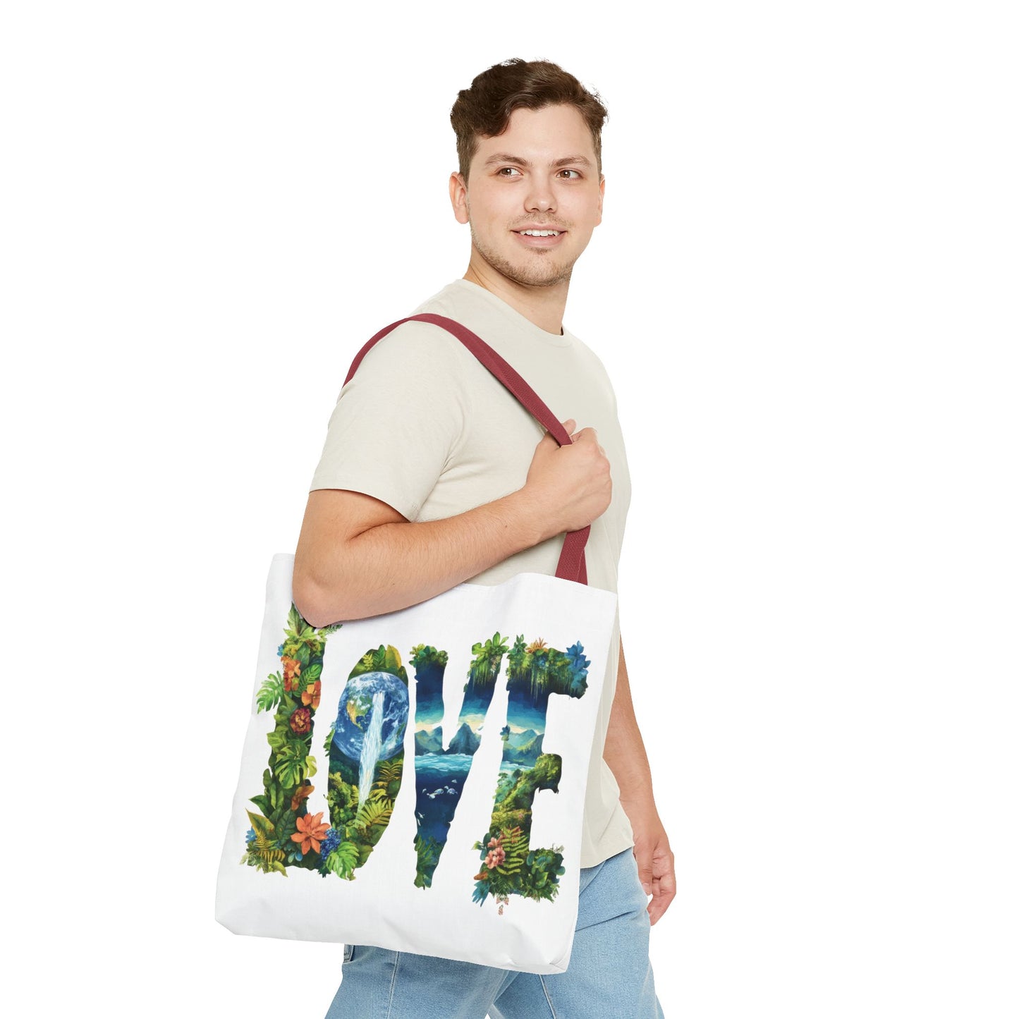 Earth Day LOVE Tote Bag, Eco Friendly Nature Art Bag, Sustainable Planet Message, Floral Tote, Shopping Bag, Beach Bag, Large Canvas Bag