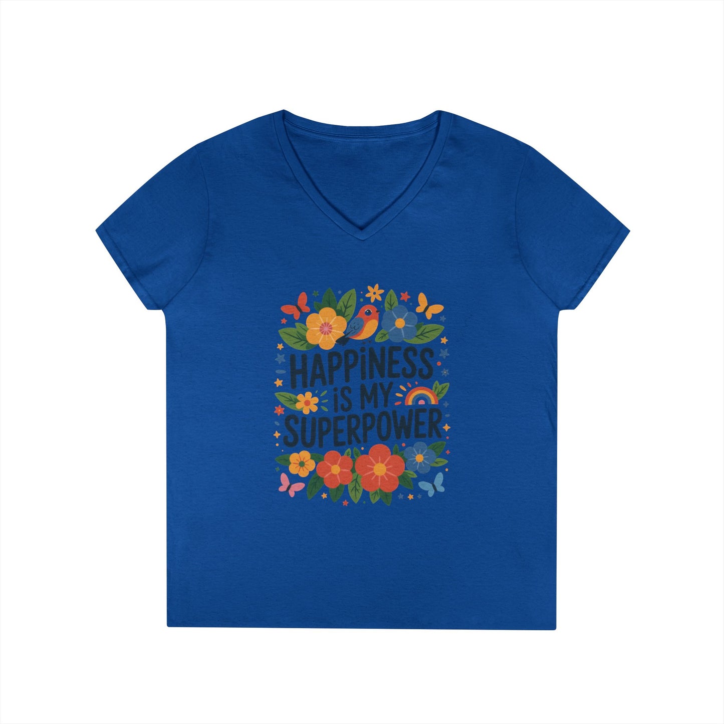 Happiness is My Superpower V-Neck T-Shirt, Floral Motivational Tee, Gift for Her, Positive Quote Shirt, Joyful Statement Tee