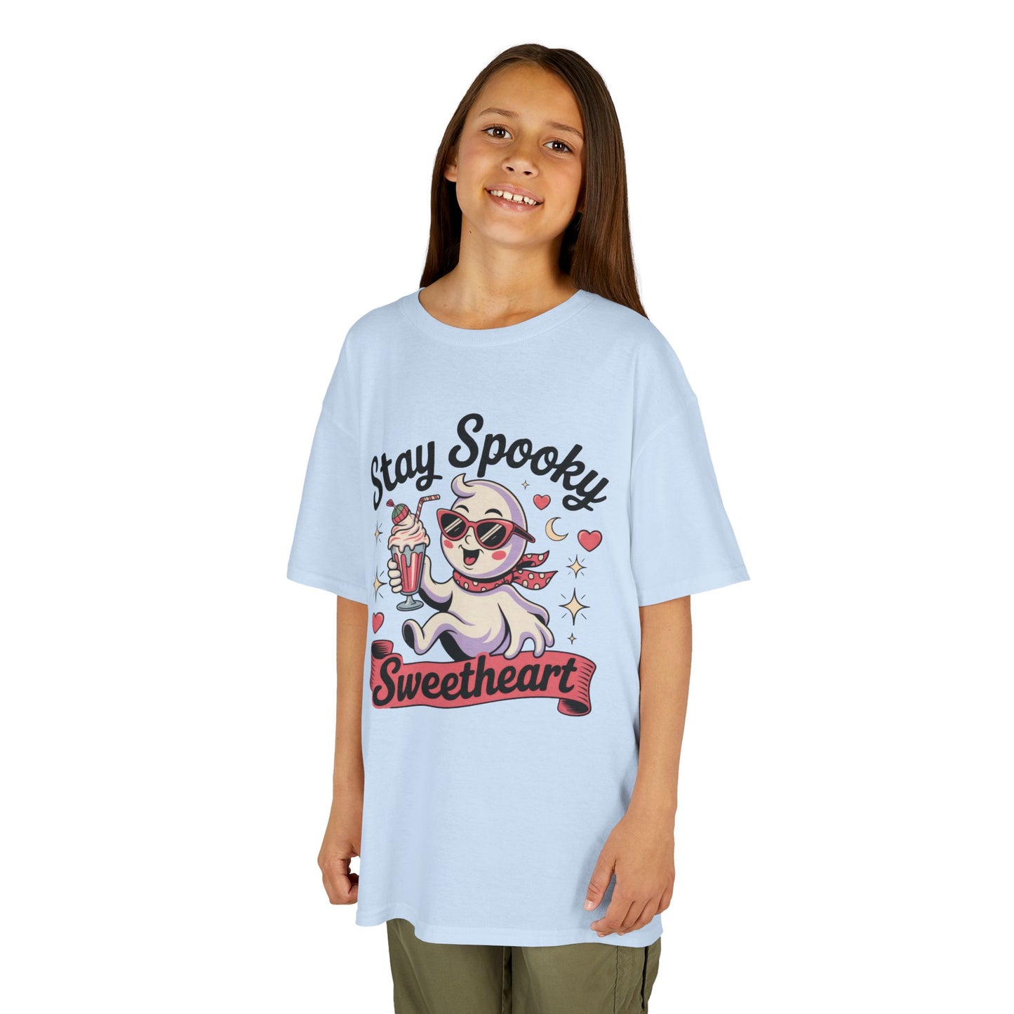 Girls Halloween Ghost T-Shirt, Stay Spooky Sweetheart Tee for Kids, Cute Retro Style Tween Girl Outfit Gift, Kids Heavy Cotton™ Tee