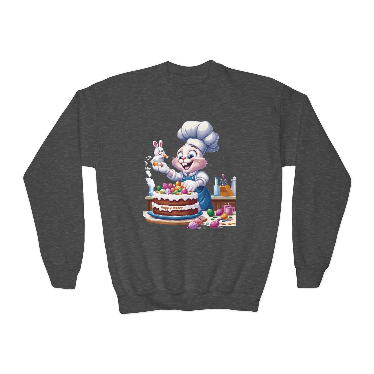 Hoppy Baker Easter Bunny Youth Sweatshirt - Cute Spring Crewneck for Kids with Chef Bunny and Cake, Fun Holiday Gift for Easter Lovers