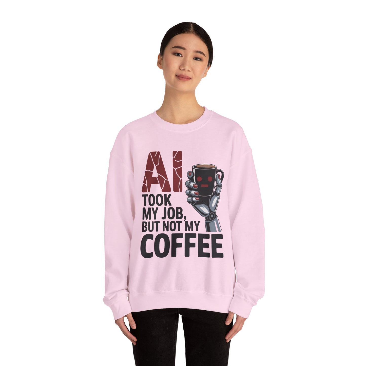 AI Coffee Sweatshirt, Funny Robot Humor Pullover, Geek Sarcastic Job Joke Top, Women's Heavy Blend™ Crewneck Sweatshirt