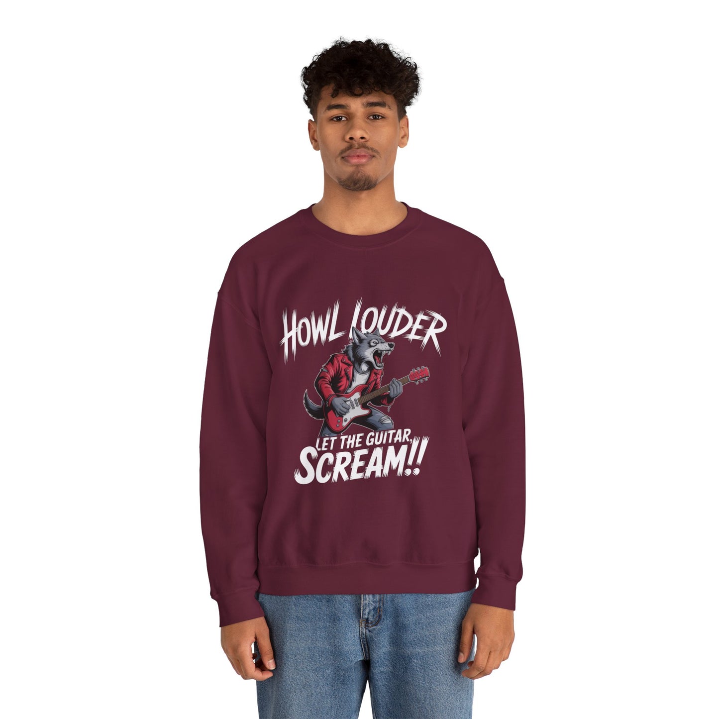 Howl Louder Wolf Sweatshirt, Let The Guitar Scream Pullover, Rock Guitar Animal Hoodie, Rocking Wolf Crewneck Sweatshirt, Music Lover Gift