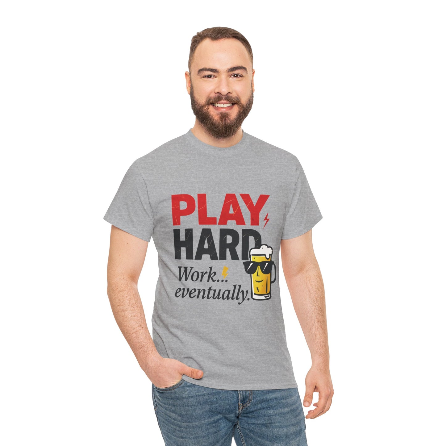 Play Hard Mens Heavy Cotton Tee, Perfect for Beer Lovers, Casual Hangouts, Parties, Gifts, and Relaxed Days