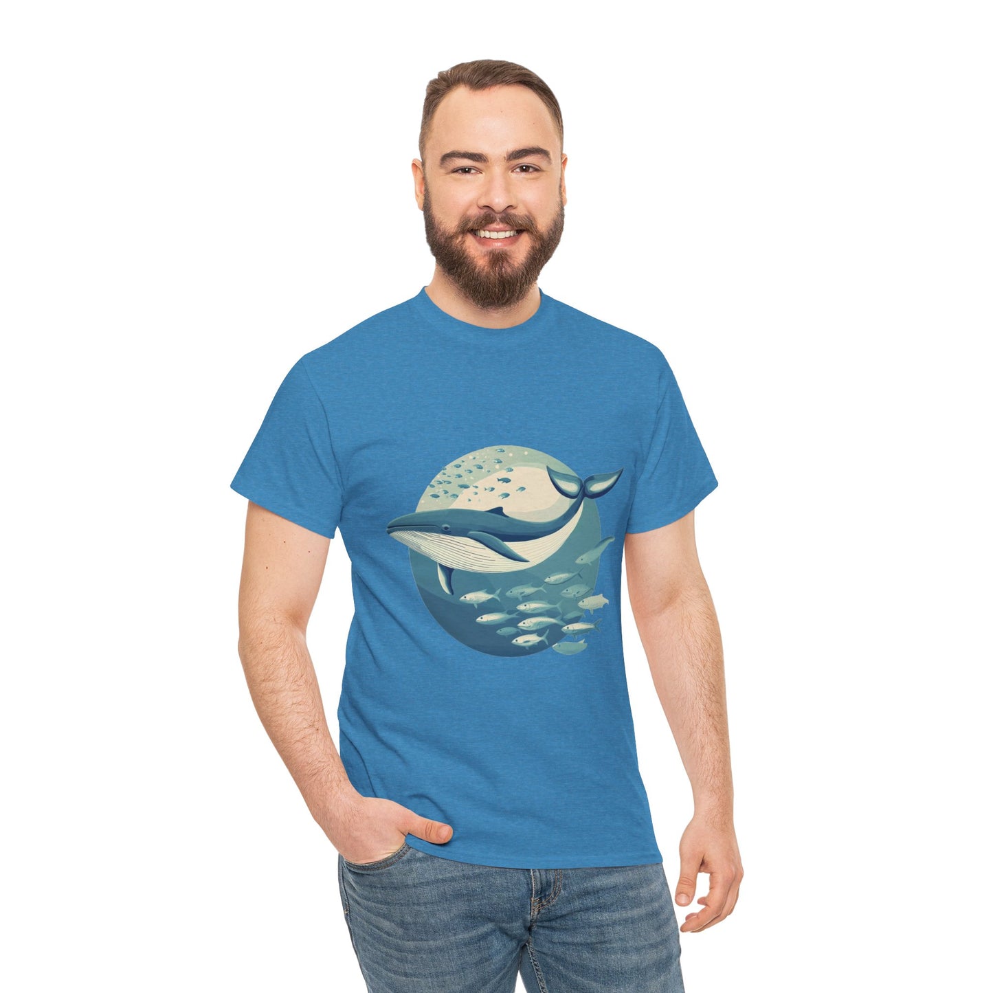 Whale and Fish Unisex Heavy Cotton Tee, Ocean Lover Shirt, Nature Tee, Sea Creature Gift, Casual Summer Top, Ocean Whale Graphic Tee