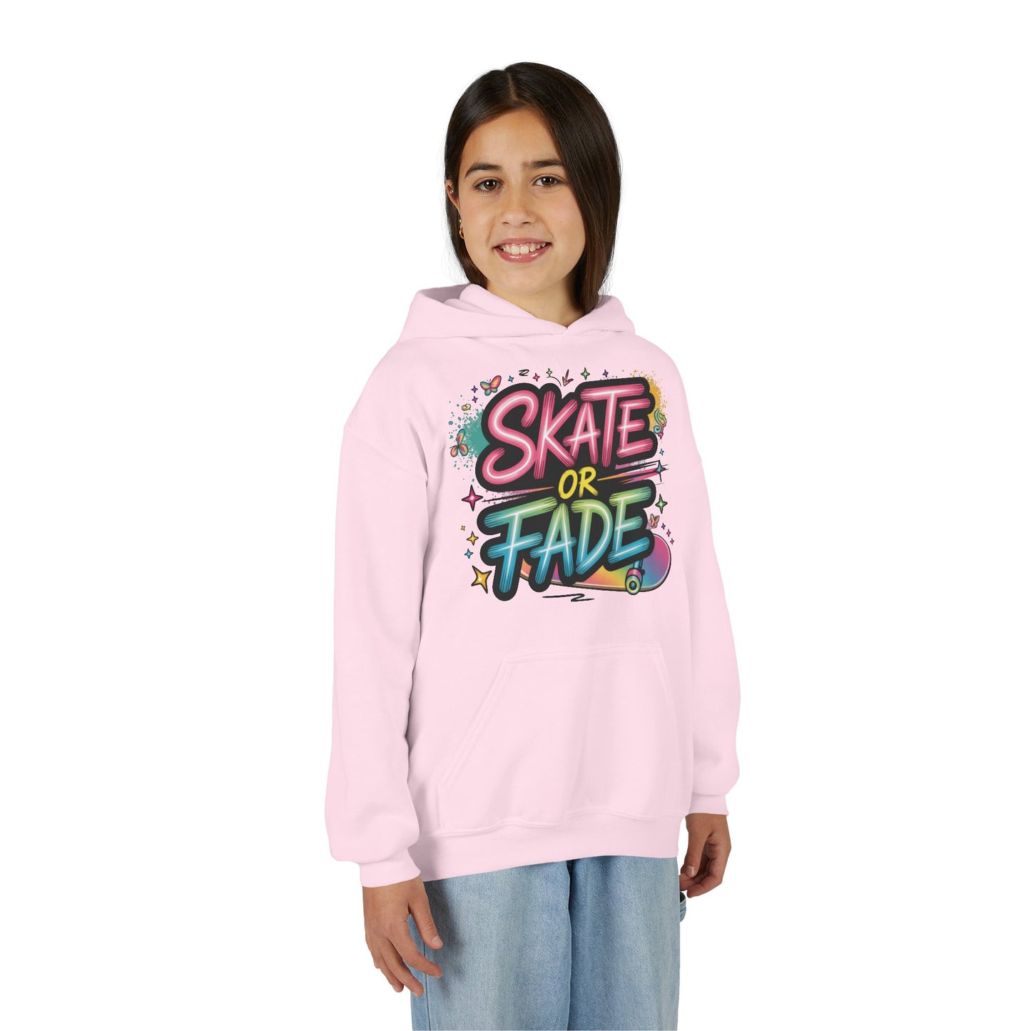 Youth Heavy Blend Hooded Sweatshirt, Skate Or Fade Girls Shirt, Colorful Graffiti Skateboarding Hoodie