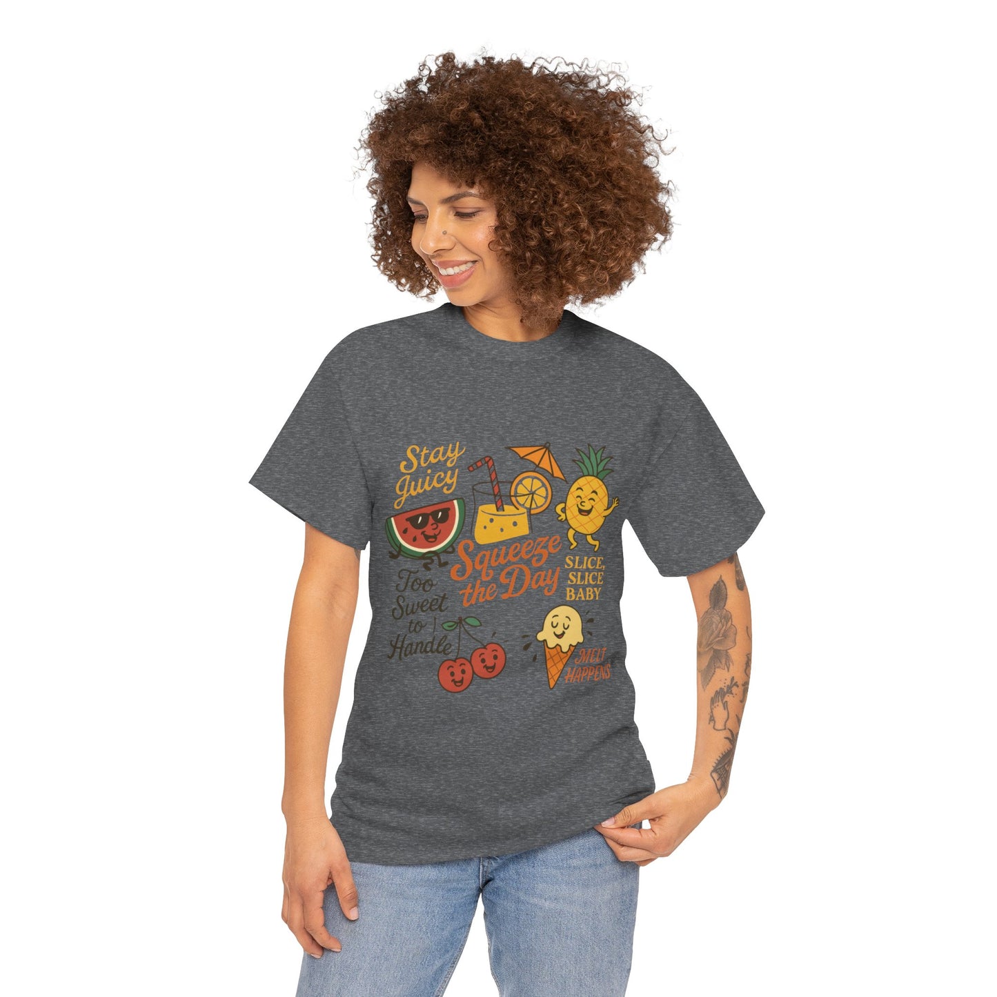 Cute Fruit Pun T-Shirt for Women, Summer Graphic Tee, Kawaii Watermelon Pineapple Ice Cream Design, Squeeze the Day Shirt, Stay Juicy Top