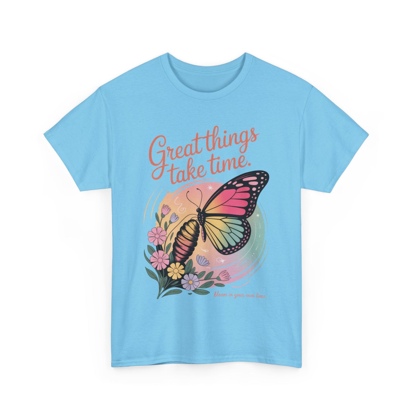 Butterfly Motivational Women's Heavy Cotton Tee, Great Things Take Time Shirt, Gift for Nature Lovers, Inspirational Apparel, Summer Outfit