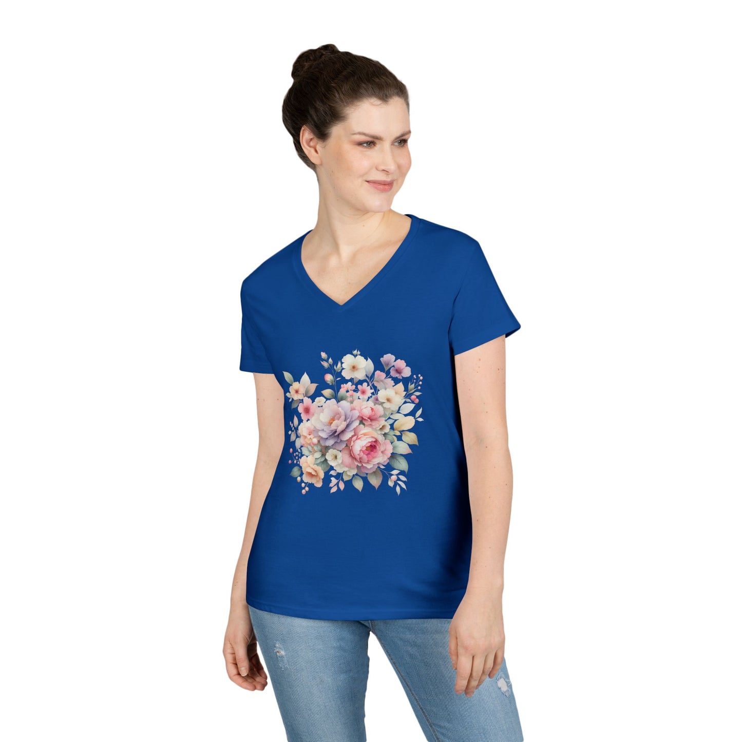 Pastel Floral Bouquet Ladies' V-Neck T-Shirt, Romantic Soft Vintage Flower Tee, Spring Fashion, Gift for Her, Everyday Wear