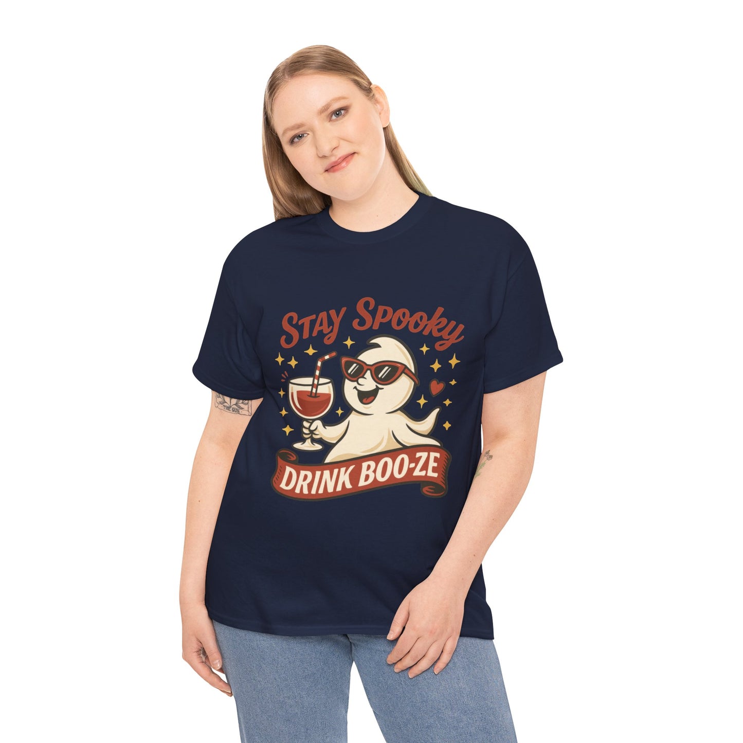 Stay Spooky Drink Boo-ze Women's T-Shirt, Funny Ghost Wine Halloween Party Graphic Tee