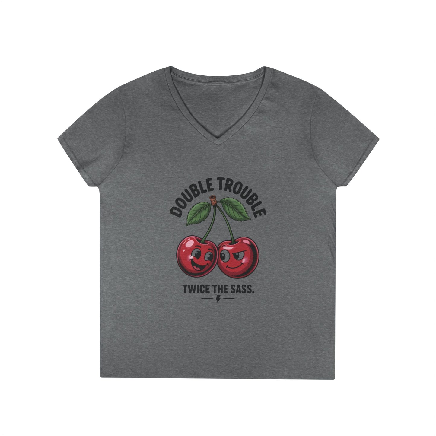 Double Trouble Cherry Ladies V-Neck T-Shirt, Funny Cute Womens T-Shirt, Twice the Sass Quote Shirt, Sassy Cherry Cartoon Gift