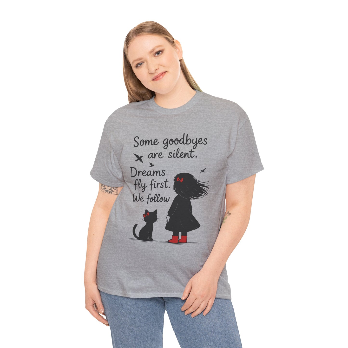 Emotional Hand Drawn Womens T-Shirt, Minimalist Red Dress Girl and Cat Graphic Tee, Cat Lover Gift