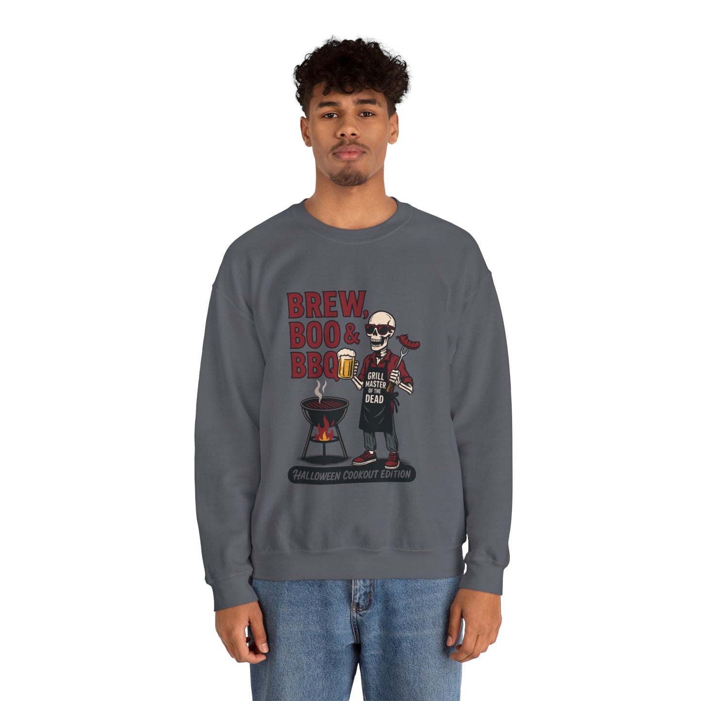 Halloween BBQ Men's Sweatshirt, Brew Boo & BBQ Skeleton Grill Master, Spooky Dad Gift, Skeleton Dad Sweat, Grill Master Crew
