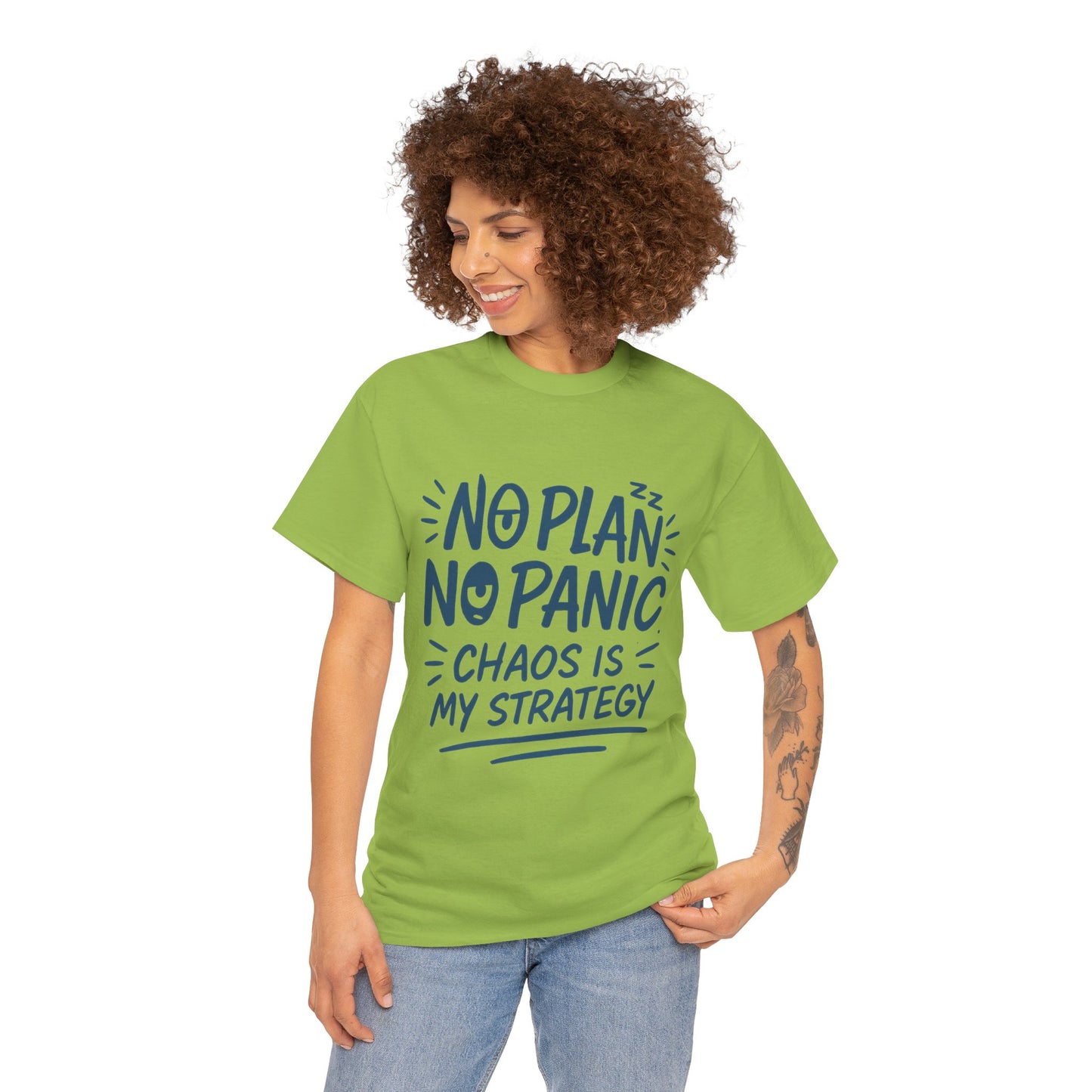 Funny Chaos Strategy T-Shirt, No Plan No Panic Quote Shirt, Cute Tee for Women, Humorous Gift Idea, Casual Relaxed Fit Top
