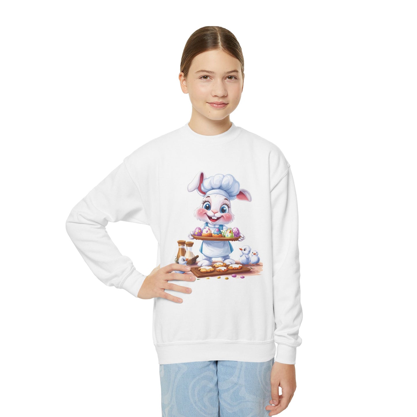 Easter Bunny Baker Youth Sweatshirt, Easter Gift, Kids Sweater, Cute Rabbit Design with Eggs, Spring Fashion, Easter Outfit for Kids