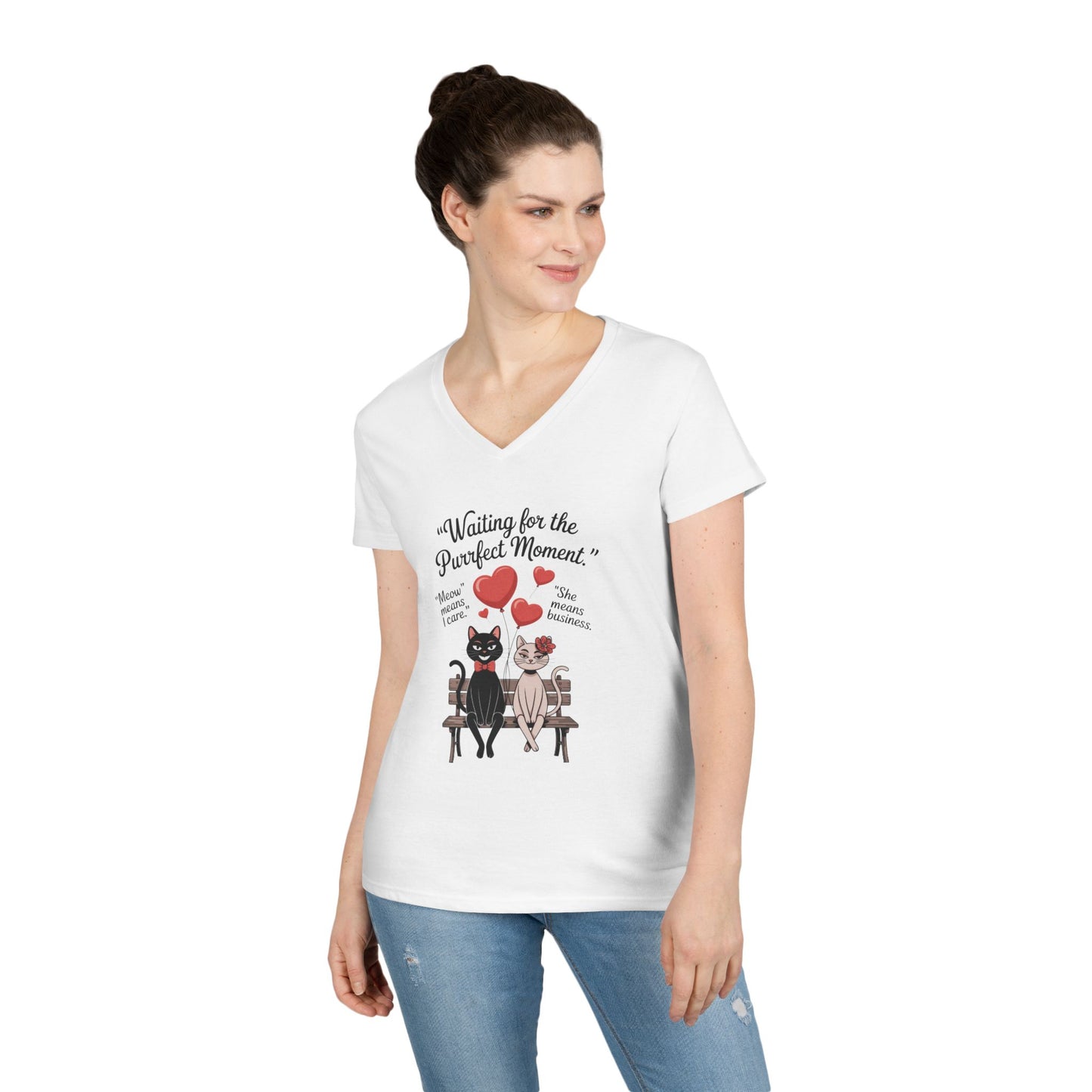 Cute Cat Lovers V-Neck T-Shirt, Casual Wear, Gift for Her, Pet Lovers, Best Friend Gift, Cute Cat Design, Valentine's Day, Cat Love