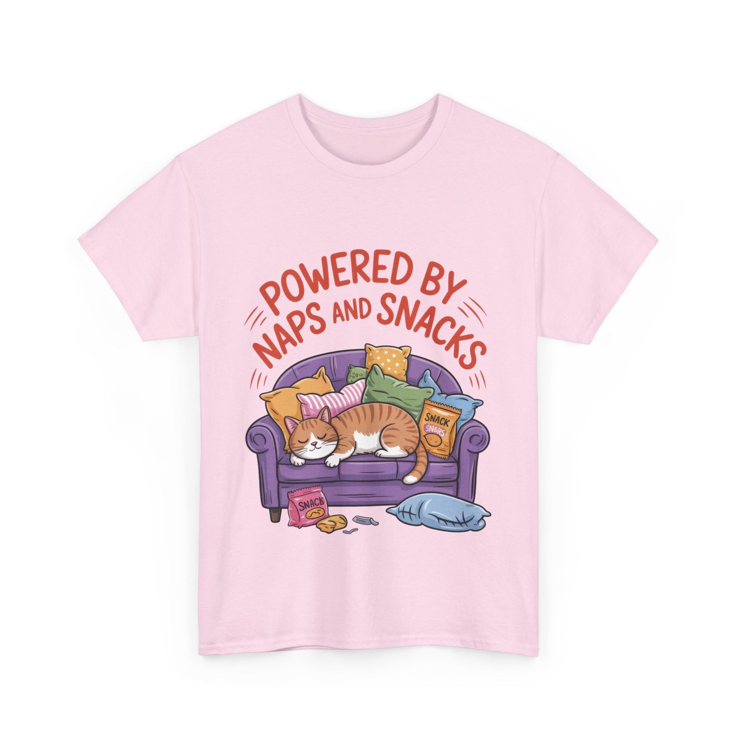 Powered by Naps and Snacks Cat T-Shirt, Funny Lazy Cat Lover Womens Tee, Cute Humor Shirt, Cozy Gift for Her, Cozy Cat Lover T-Shirt
