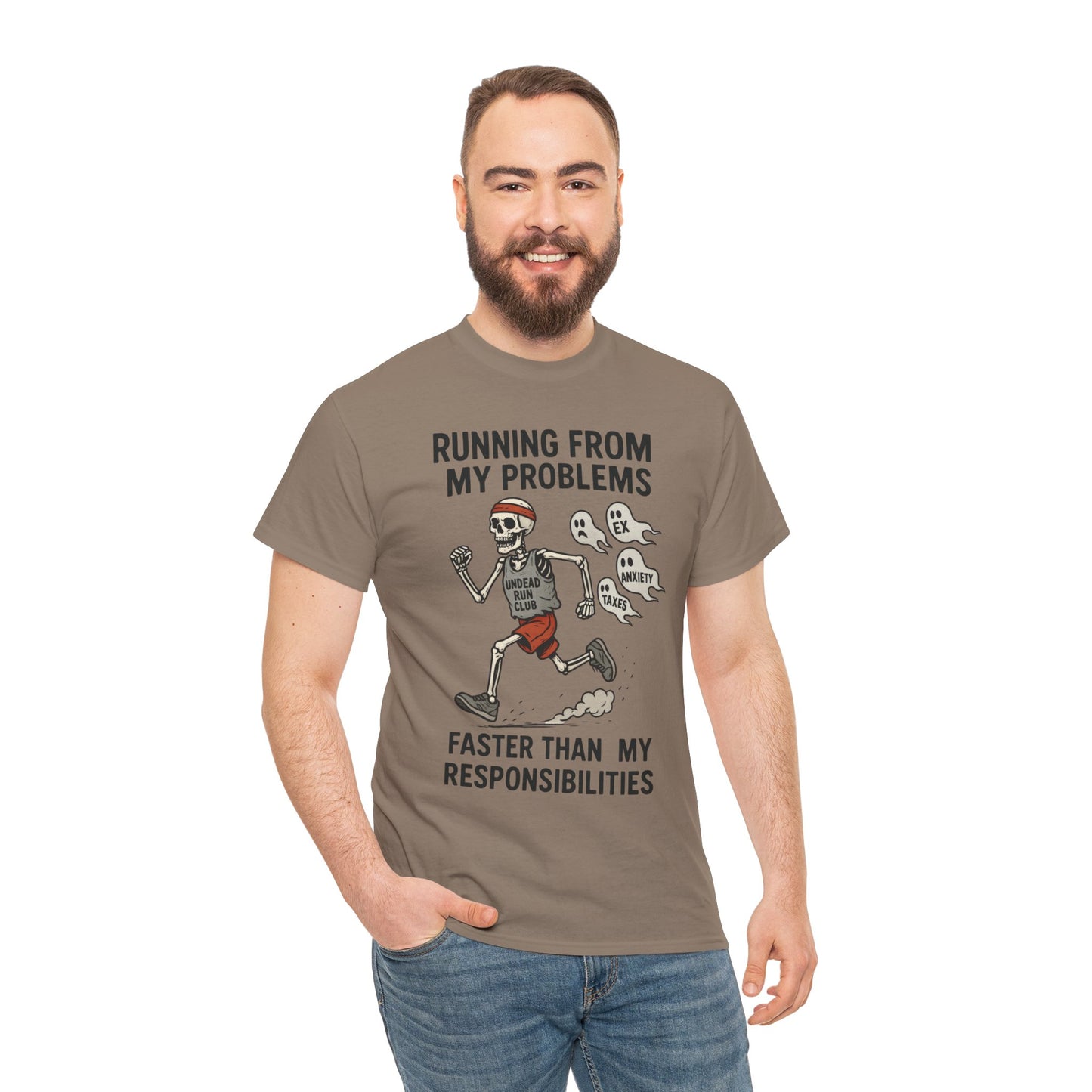 Skeleton Runner Tee for Men, Undead Jogging Club Shirt, Halloween T-Shirt, Gift for Runners, Anxiety Humor Gift