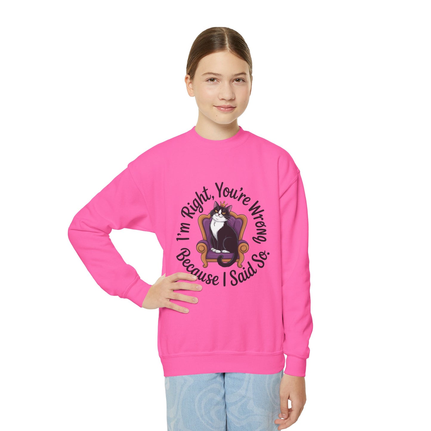 Youth Crewneck Sweatshirt, Funny Cat Sweatshirt for Girls, Im Right Youre Wrong, Tween Girl Attitude Pullover, Cute Gift for Cat Lovers