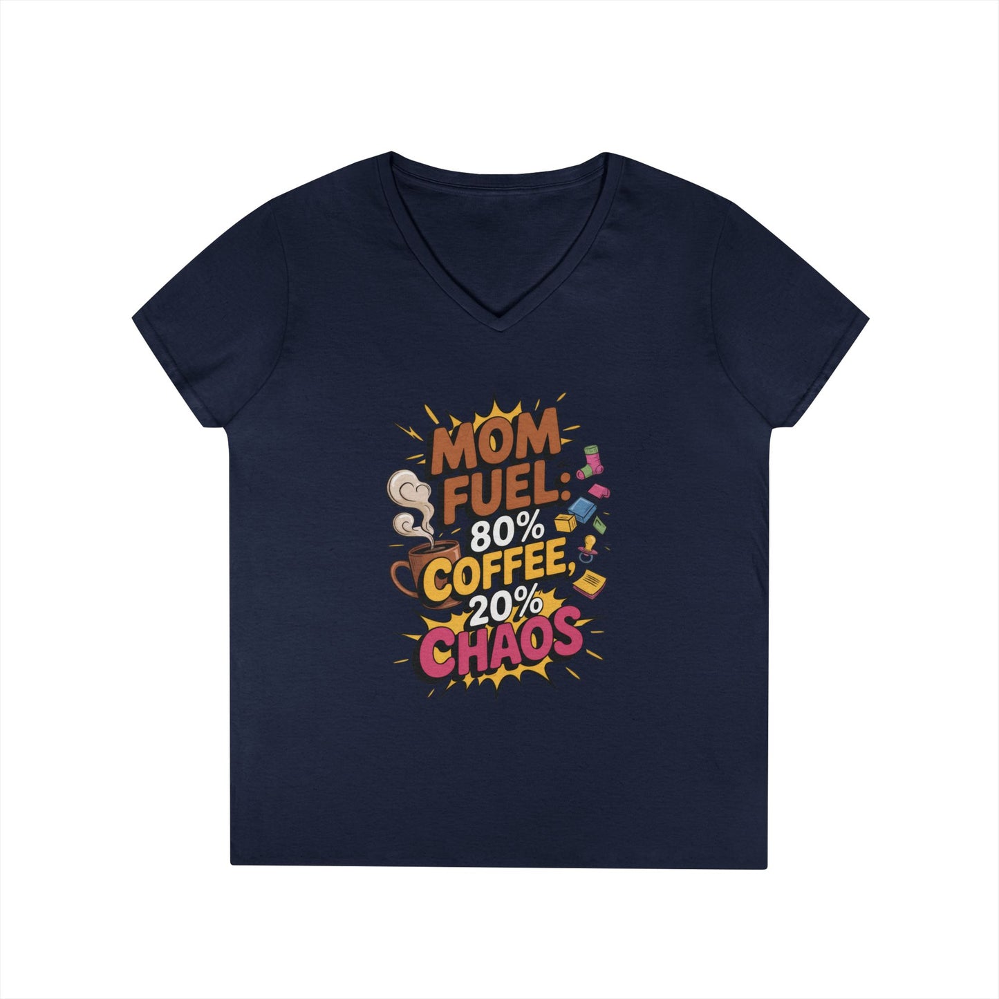 Mom Fuel V-Neck T-Shirt, Funny Gift for Moms, Coffee Lovers, Mother's Day, Everyday Humor, Tired Mom Life Tee, Coffee Loving Moms
