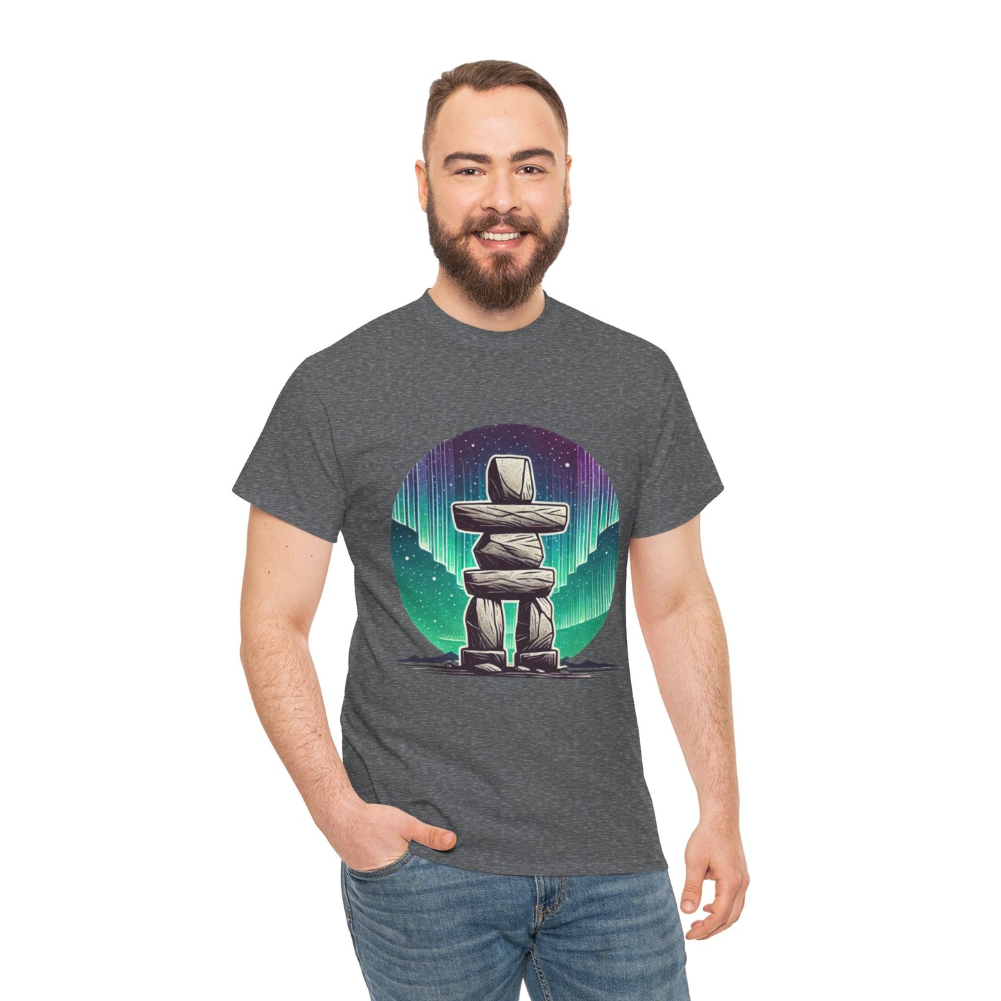 Aurora Stone Inukshuk Tee, Northern Lights Inukshuk T-Shirt, Arctic Stone Stack Aurora Graphic Tee, Canada Inuit Symbol Shirt