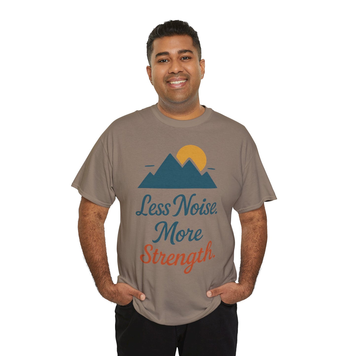 Mens Less Noise More Strength Mountain T-Shirt, Motivational Gym Hiking Tee