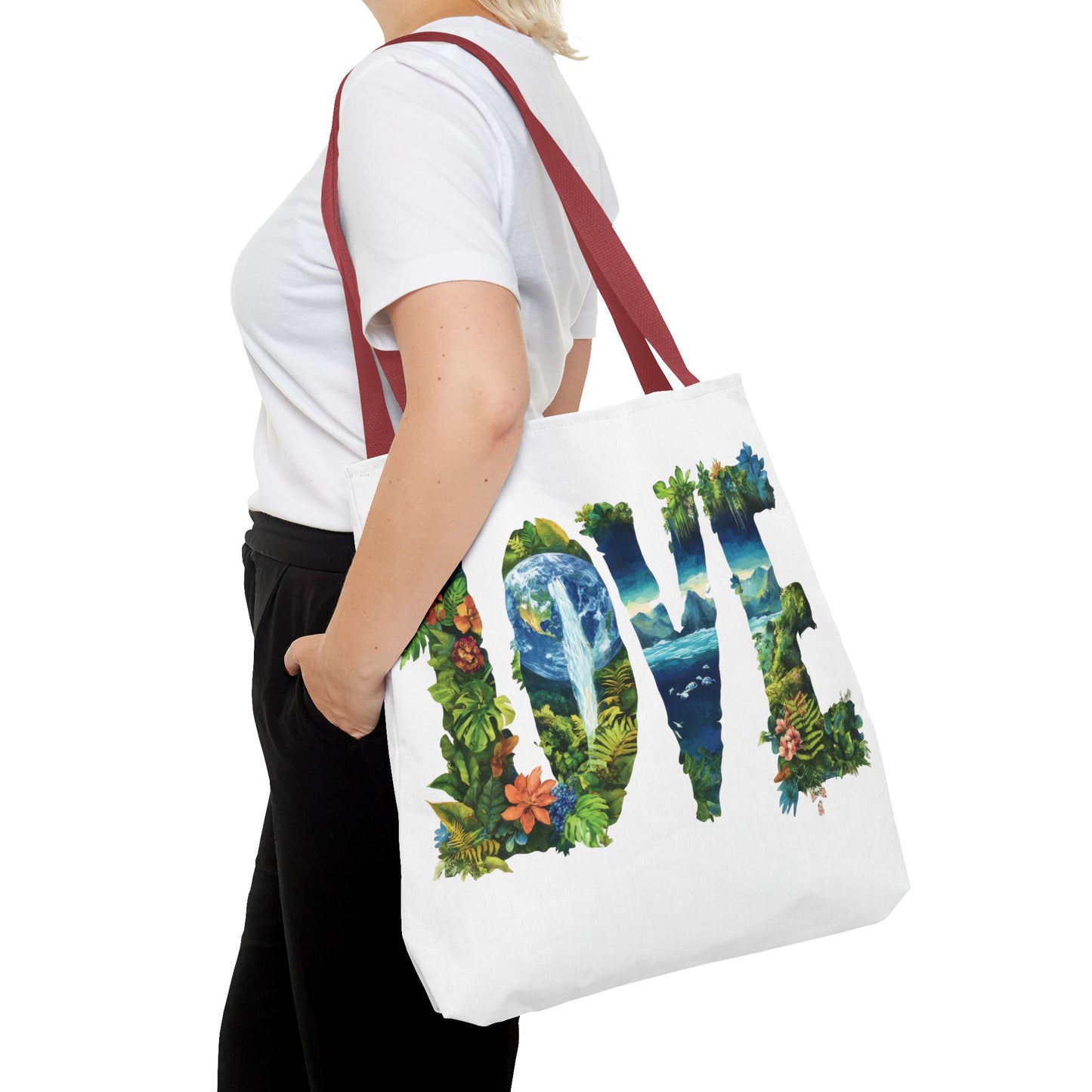 Earth Day LOVE Tote Bag, Eco Friendly Nature Art Bag, Sustainable Planet Message, Floral Tote, Shopping Bag, Beach Bag, Large Canvas Bag