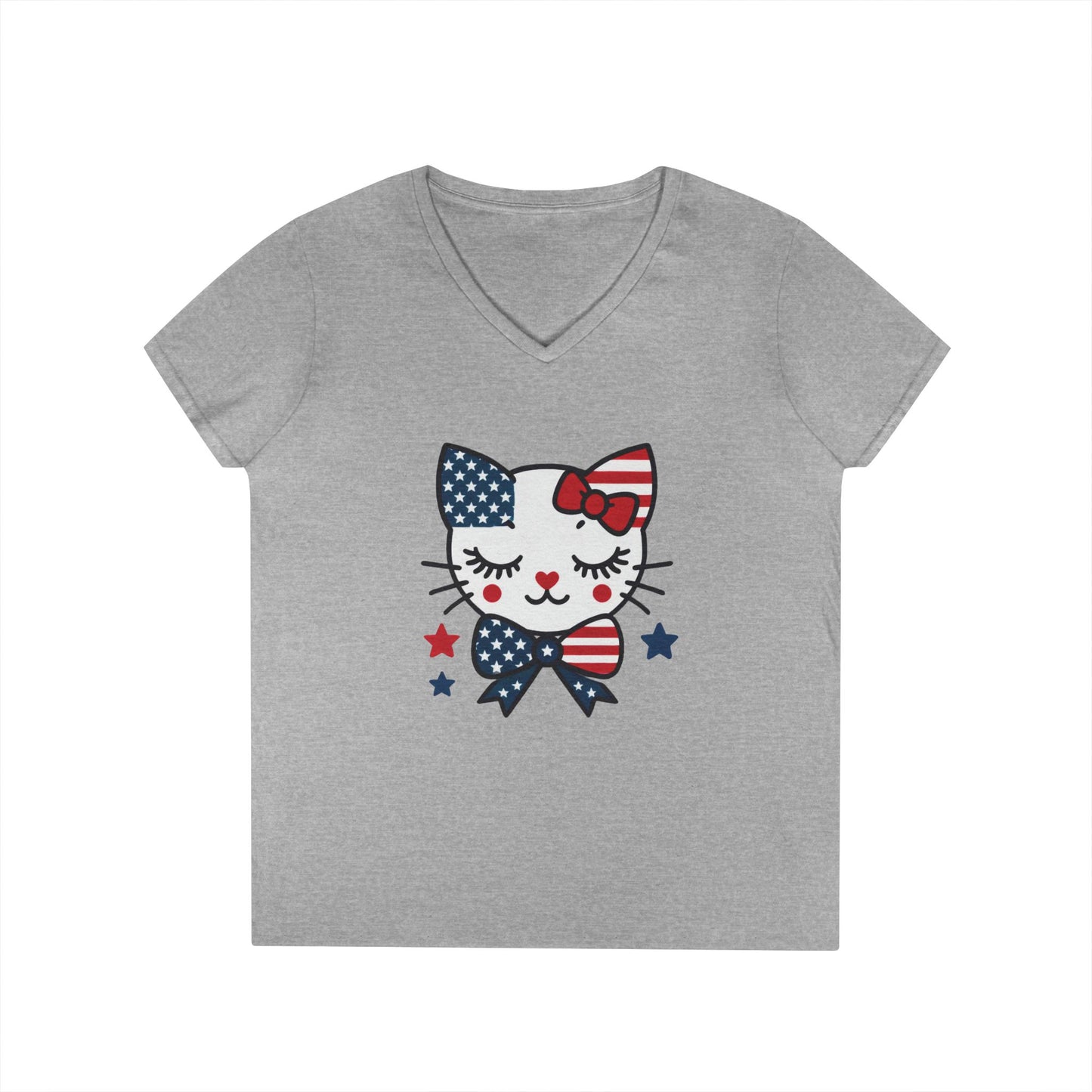 Patriotic Cat Ladies' V-Neck T-Shirt, Cute Tee, July 4th Top, Independence Day Shirt, Gift for Cat Lovers, Casual Summer Wear