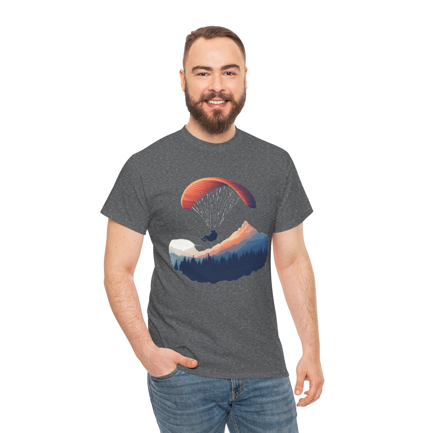 Paragliding Adventure T-Shirt, Mountain Landscape Tee, Nature Travel Lover Shirt, Outdoor Hiking Gift, Unisex Heavy Cotton Tee