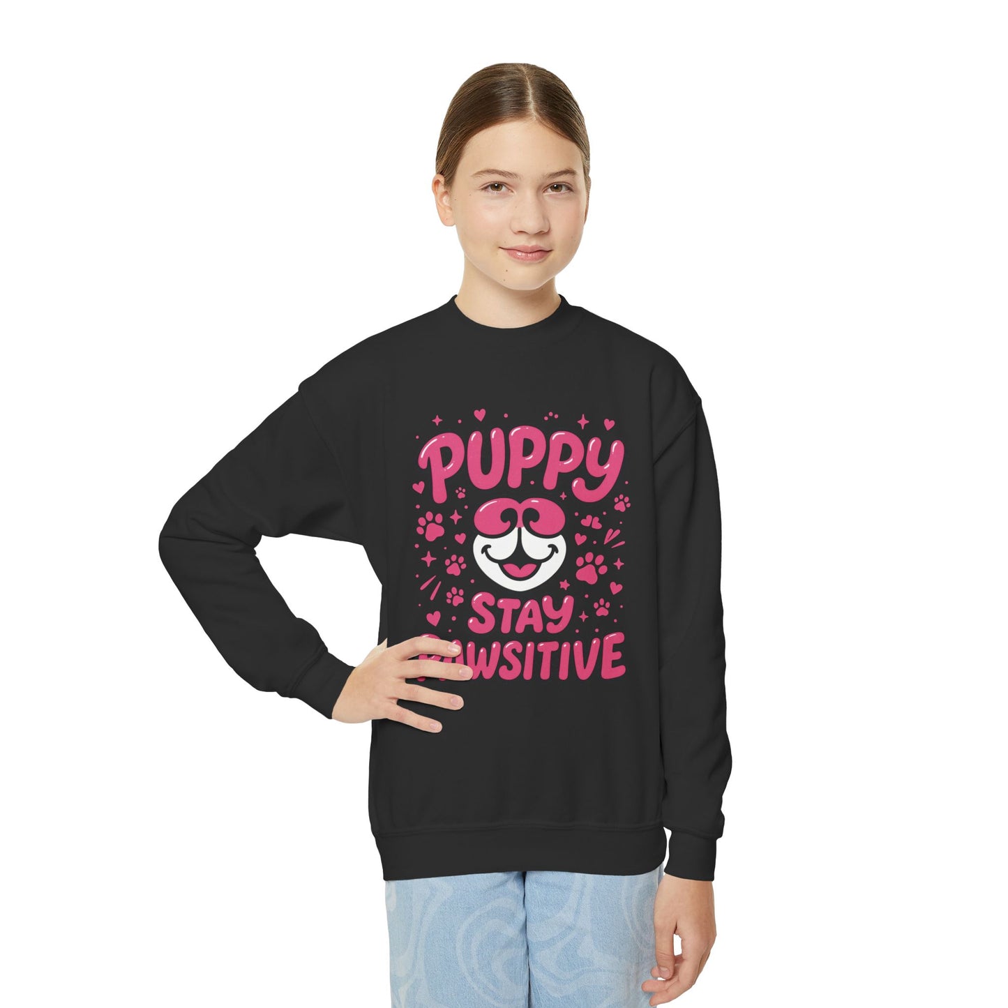 Youth Puppy Crewneck Sweatshirt - Stay Pawsitive Design, Cute Pet Apparel, Kids Sweatshirt, Animal Lover Gift, Cozy Winter Wear, Kids Gift
