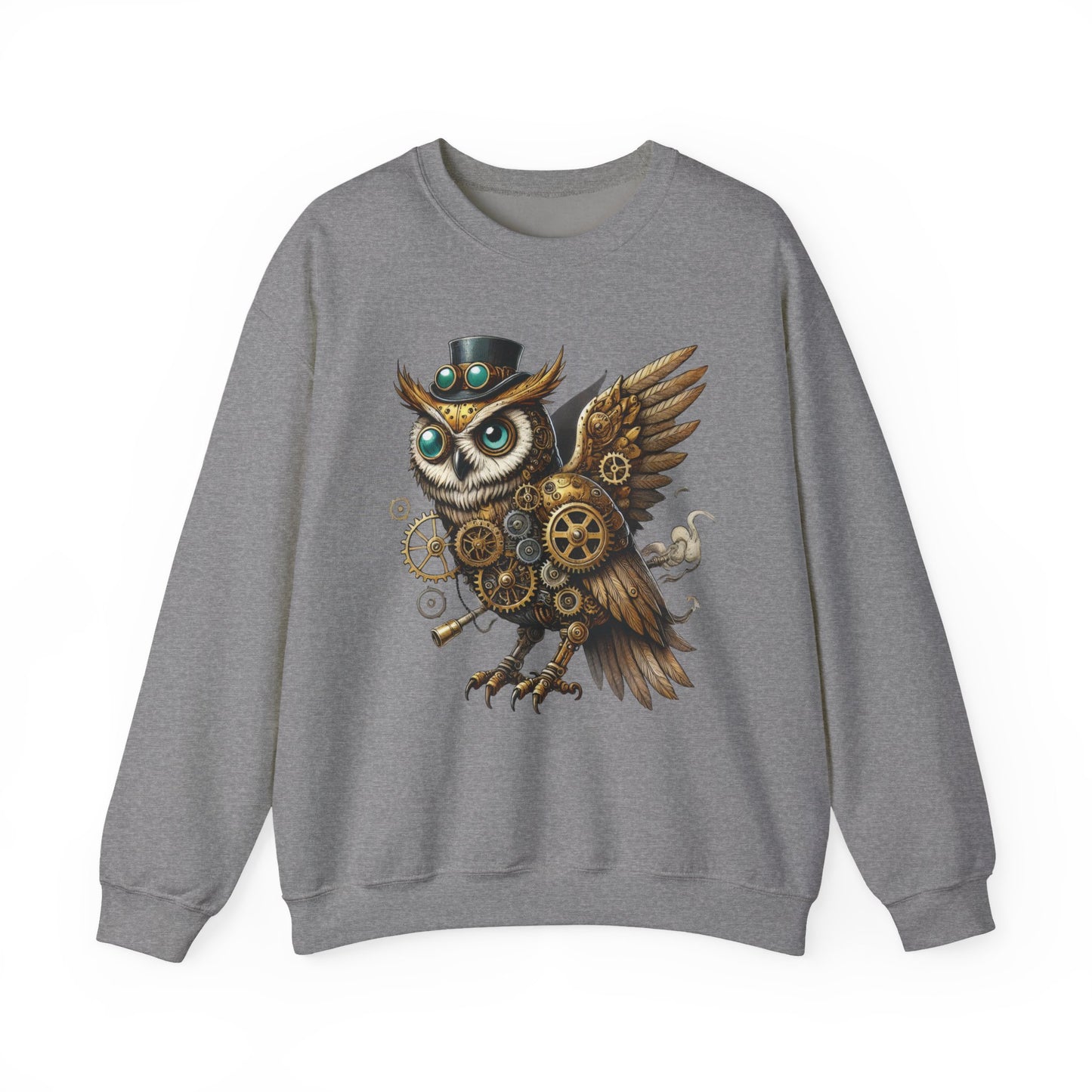Steampunk Owl Unisex Crewneck Sweatshirt, Vintage Mechanical Gears Fantasy Bird Graphic Pullover, Gift for Owl Lovers