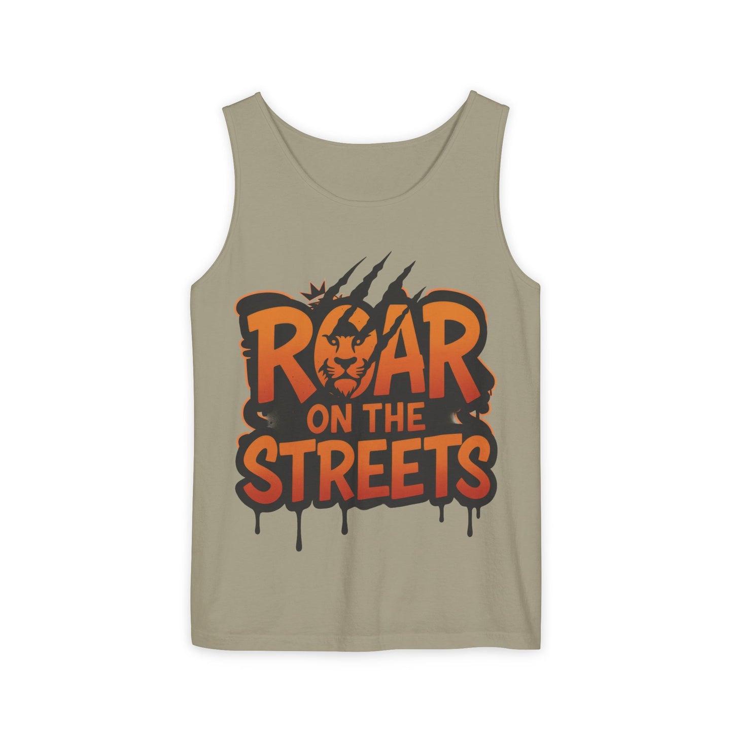 Mens Garment-Dyed Tank Top, Roar on the Streets Lion Graphic Mens Tank Top
