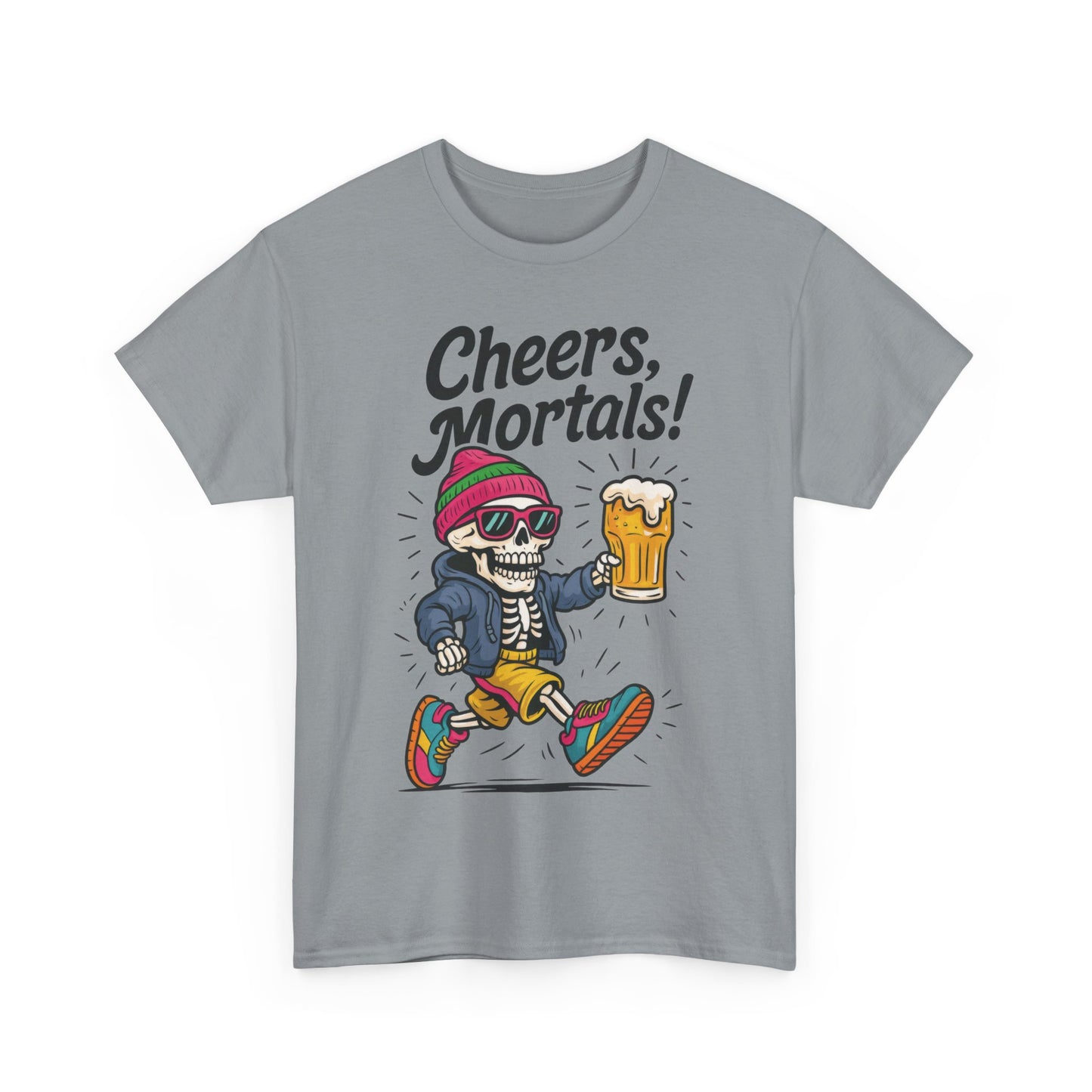 Cheers, Mortals! Mens Tee, Funny Skeleton Beer Graphic Tee, Cool Drinking Humor Shirt, Party Gift for Him, Halloween Tee, Beer Lovers Gift