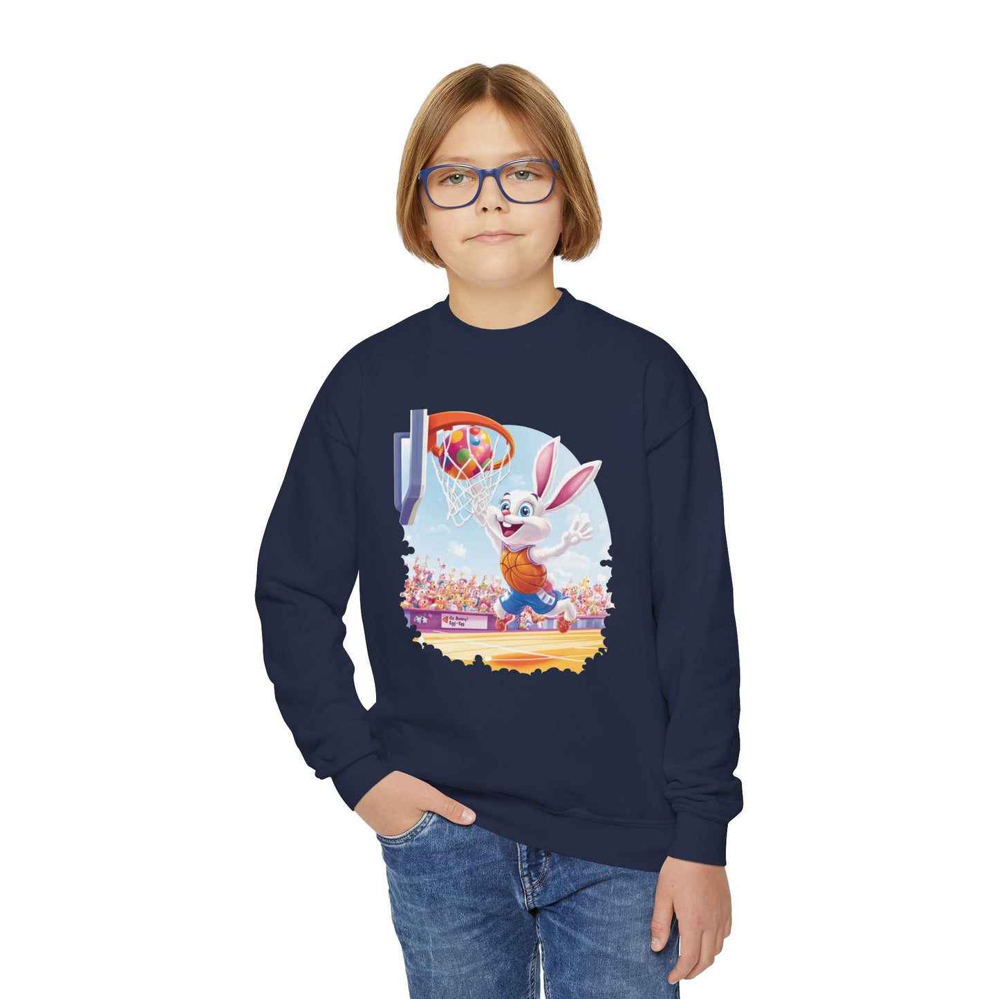 Easter Basketball Bunny Youth Sweatshirt - Cute Bunny Dunking Egg Ball, Fun Spring Sports Pullover for Kids, Easter Gift Idea, Fun Gym Wear