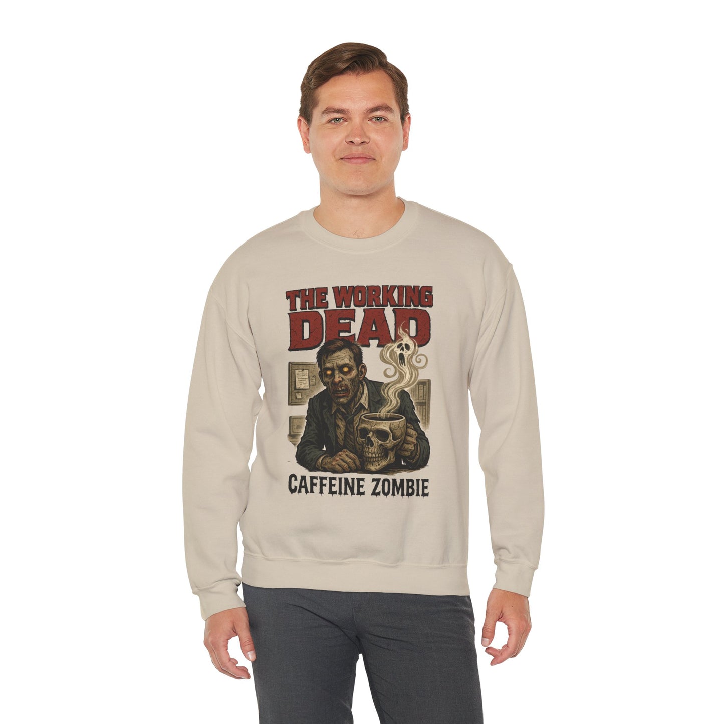 The Working Dead Men's Funny Zombie Sweatshirt, Office Humor Crewneck, Halloween Zombie Top, Coffee Zombie Sweatshirt