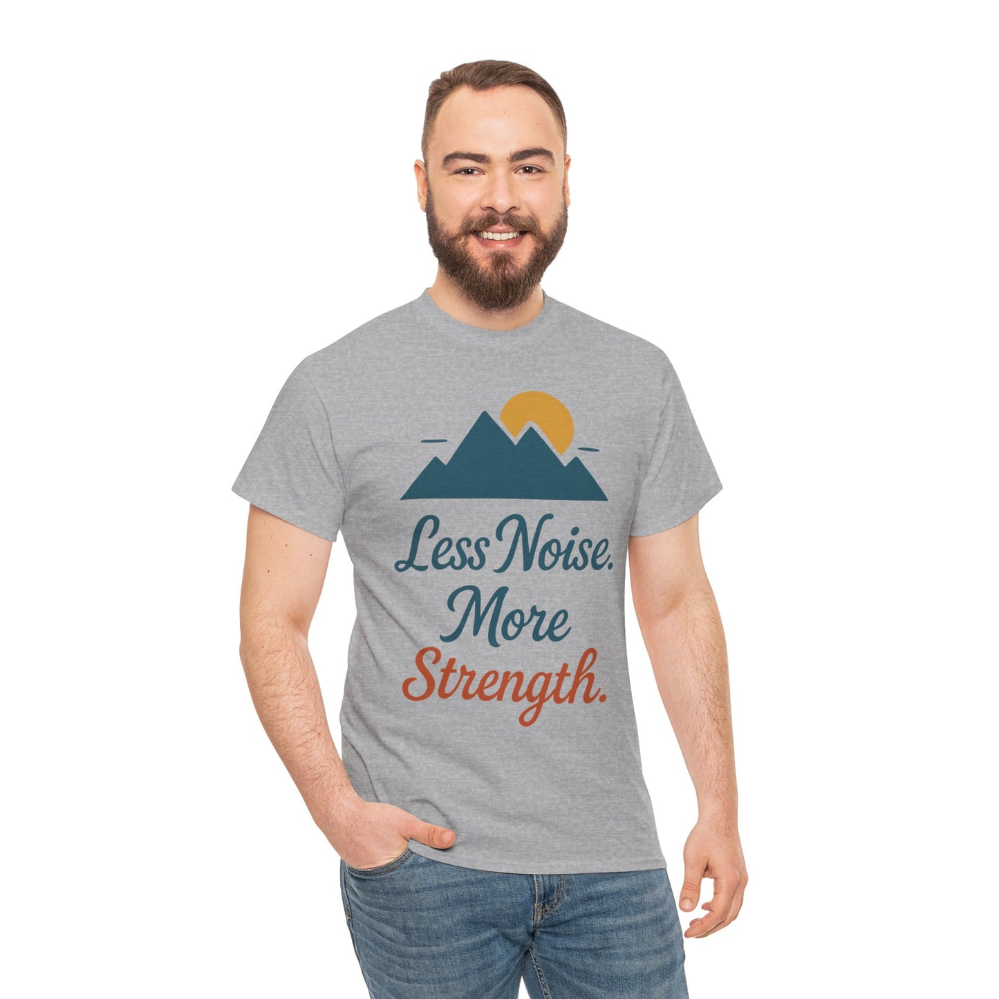 Mens Less Noise More Strength Mountain T-Shirt, Motivational Gym Hiking Tee