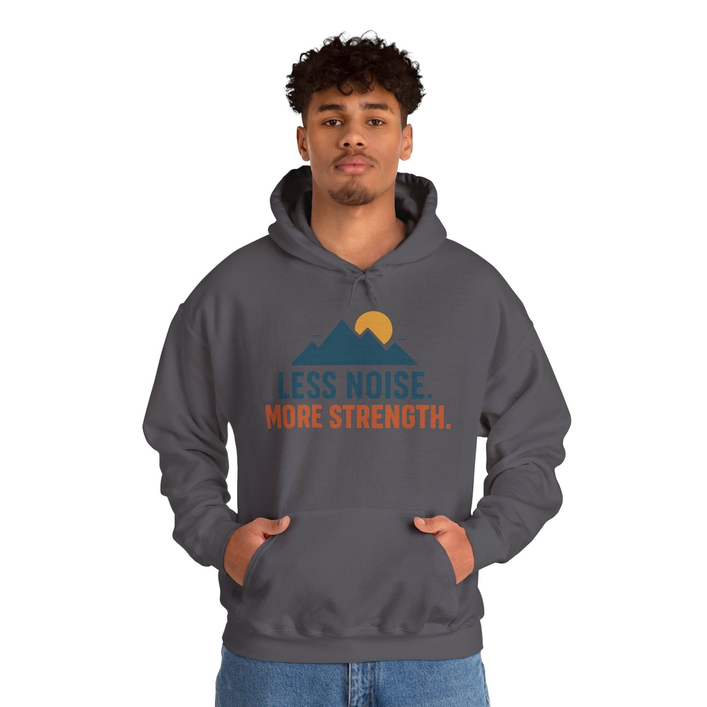 Men’s Less Noise More Strength Hoodie, Motivational Mountain Graphic Pullover, Mens Heavy Blend™ Hooded Sweatshirt
