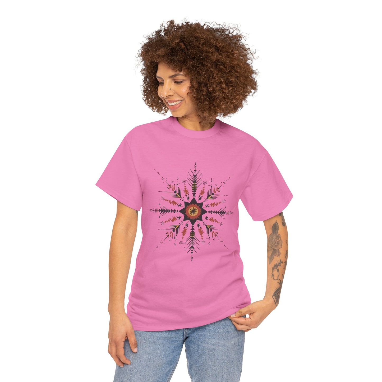 Boho Tribal Mandala Star Women's Cotton Tee, Ethnic Geometric Graphic T-Shirt, Festival Bohemian Style Gift, Bohemian Graphic Tee