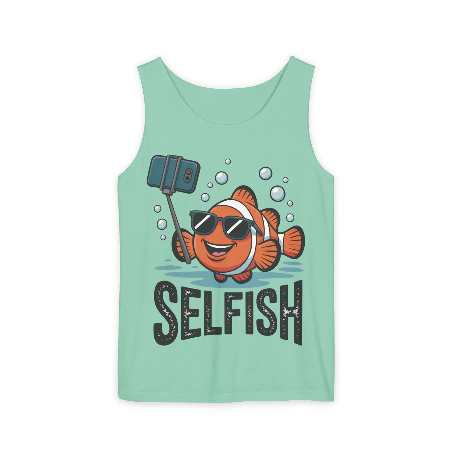 Mens Garment-Dyed Tank Top, Mens Selfish Funny Fish Tank Top, Cute Selfie Graphic Shirt, Ocean Humor Top