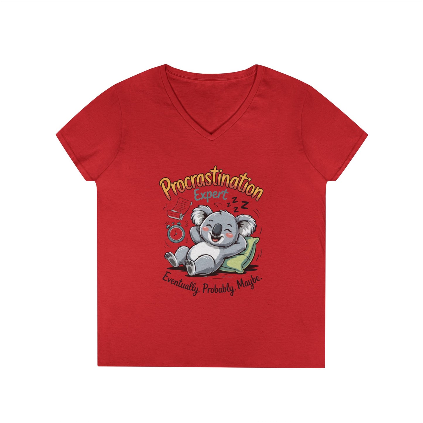 Procrastination Expert Ladies' V-Neck T-Shirt, Fun Tee for Lazy Days, Gift for Students, Casual Wear, Motivational Shirt, Cute Koala Design