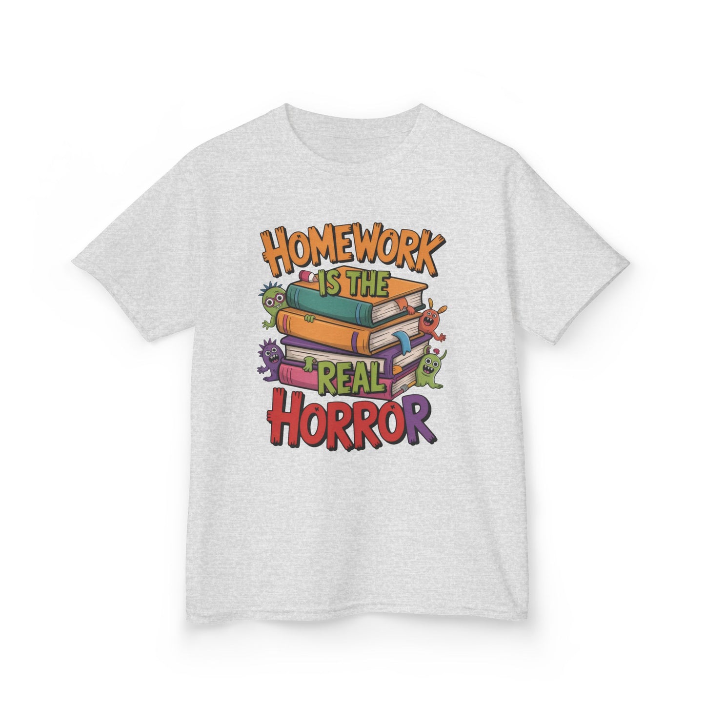 Kids Funny Homework Tee, Cute Monster School Shirt, Homework Is the Real Horror, Back to School Gift for Boys & Girls, Kids Halloween Tee
